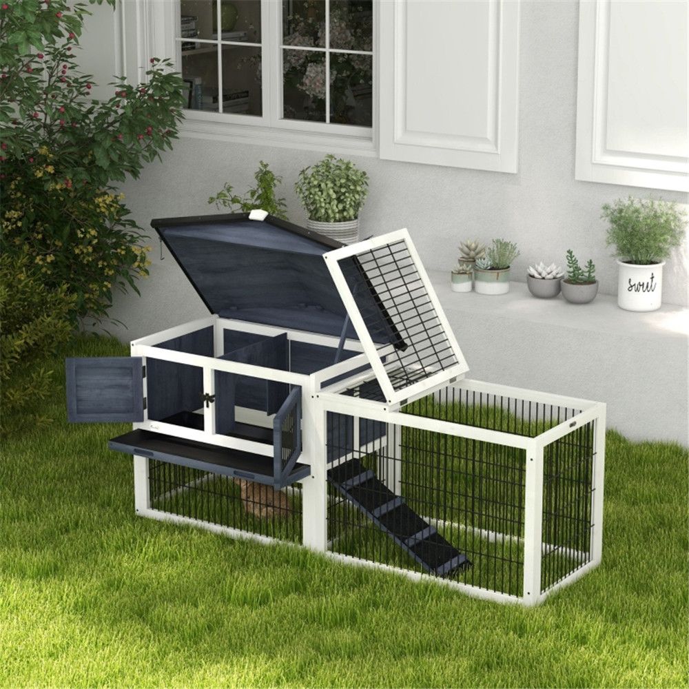 Outdoor wooden rabbit hutch with run and ramp