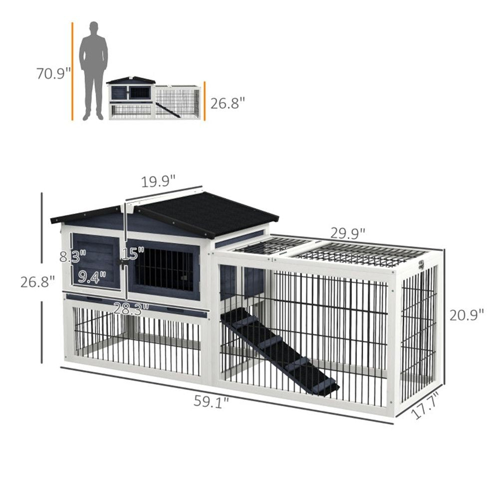 Outdoor rabbit hutch side view with ramp