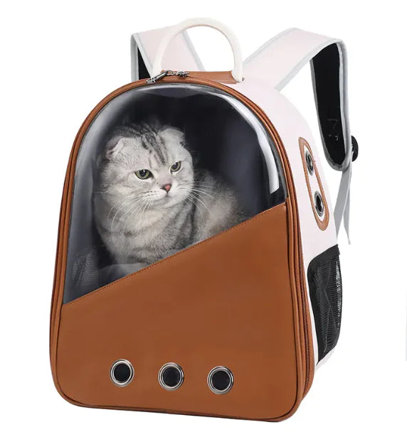 White and brown PU leather cat backpack carrier with a clear bubble window showing a cat inside