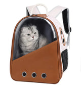 White and brown PU leather cat backpack carrier with a clear bubble window showing a cat inside