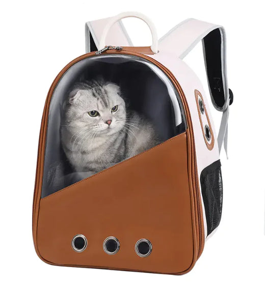 White and brown PU leather cat backpack carrier with a clear bubble window showing a cat inside