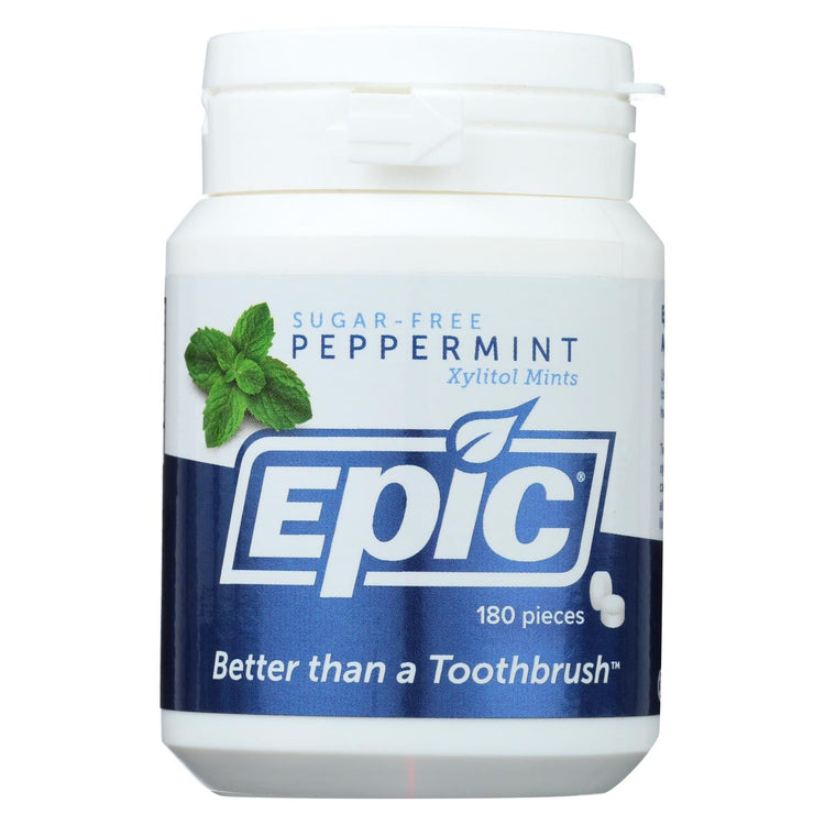 Peppermint xylitol mints 180 count bottle on a counter