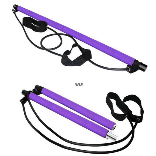 Pilates bar with foot pedal anchoring the resistance bands