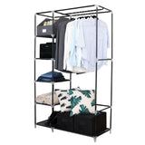 Portable closet organizer with hanging rack and shelves in black