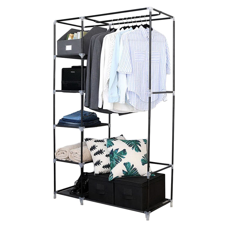 Portable closet organizer with hanging rack and shelves in black