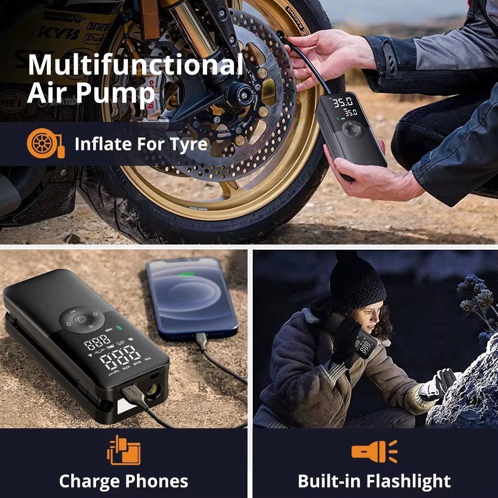 Tire inflator pump in use on bicycle tire