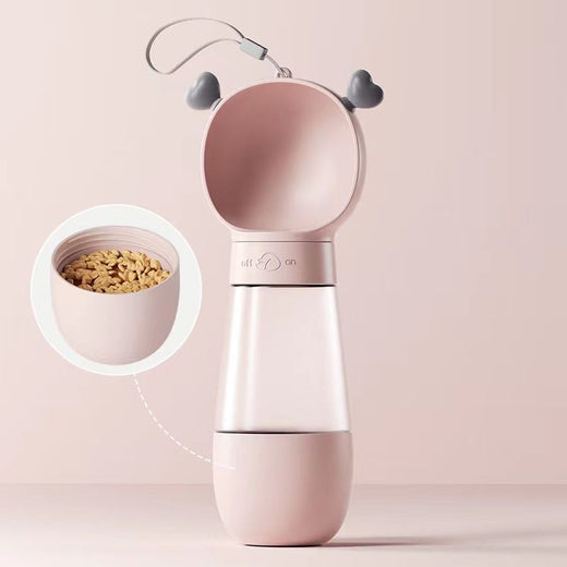 Portable pet water bottle with built-in drinking tray