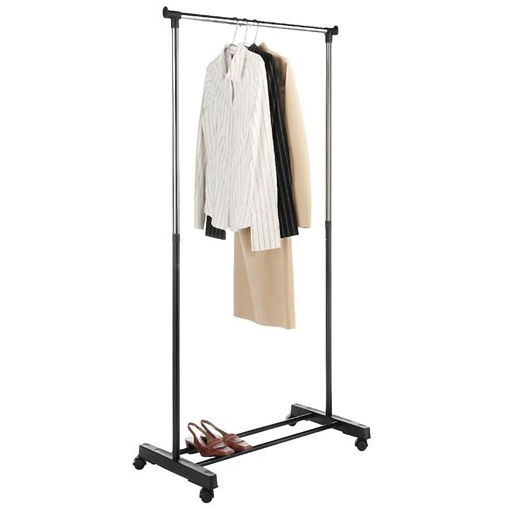 Portable rolling clothes rack with heavy-duty single garment bar