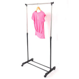 Heavy-duty single garment bar detail on rolling clothes rack