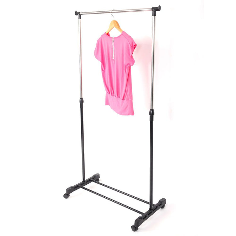 Heavy-duty single garment bar detail on rolling clothes rack