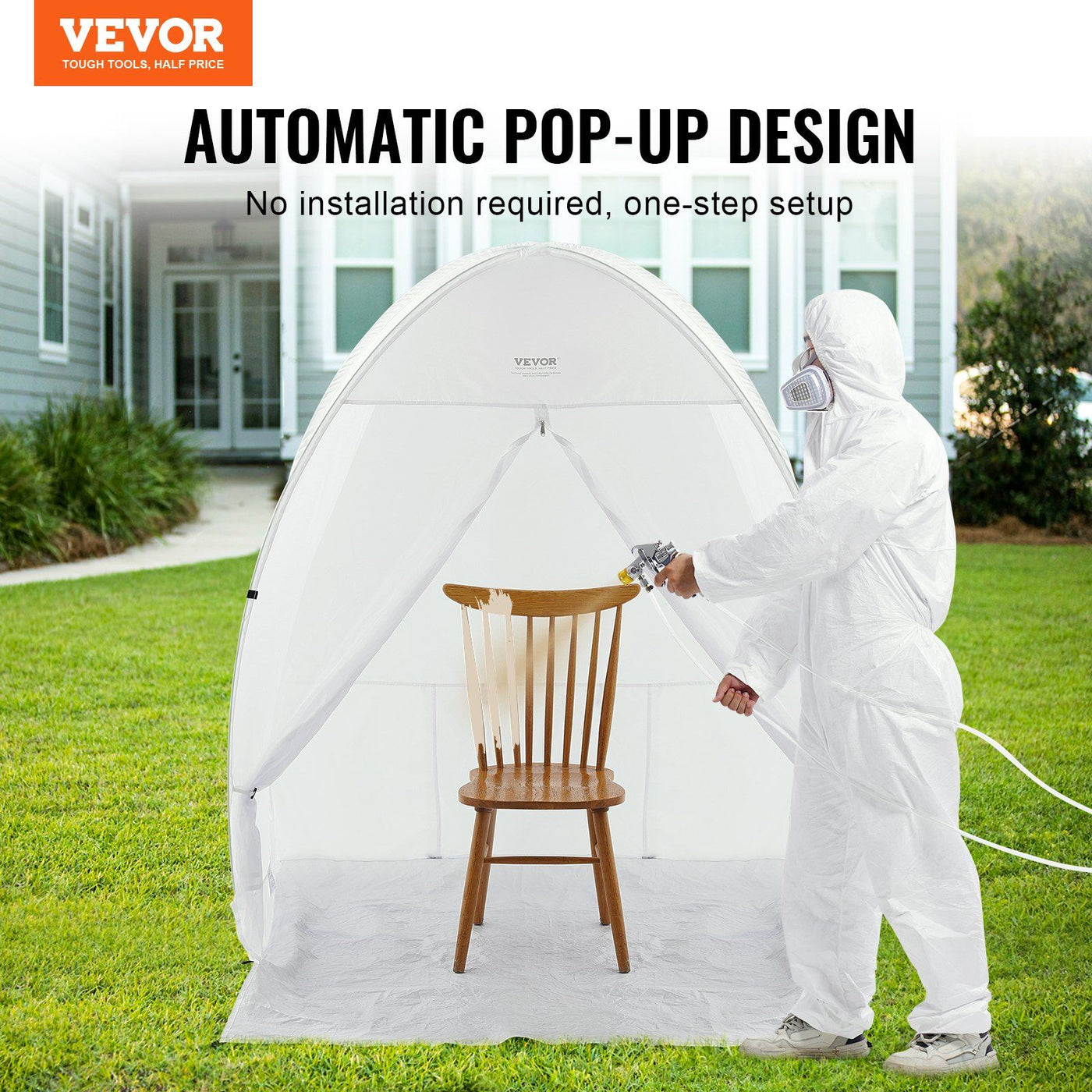 Portable spray paint booth in use with furniture being spray painted inside