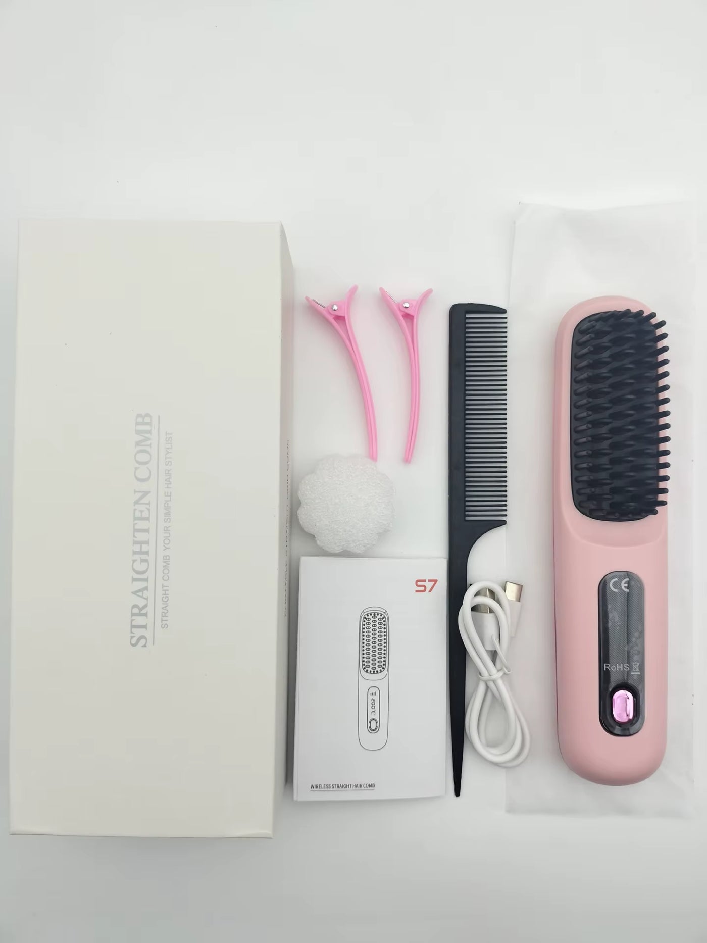 Portable straightener brush in pink, cordless travel hair styling tool