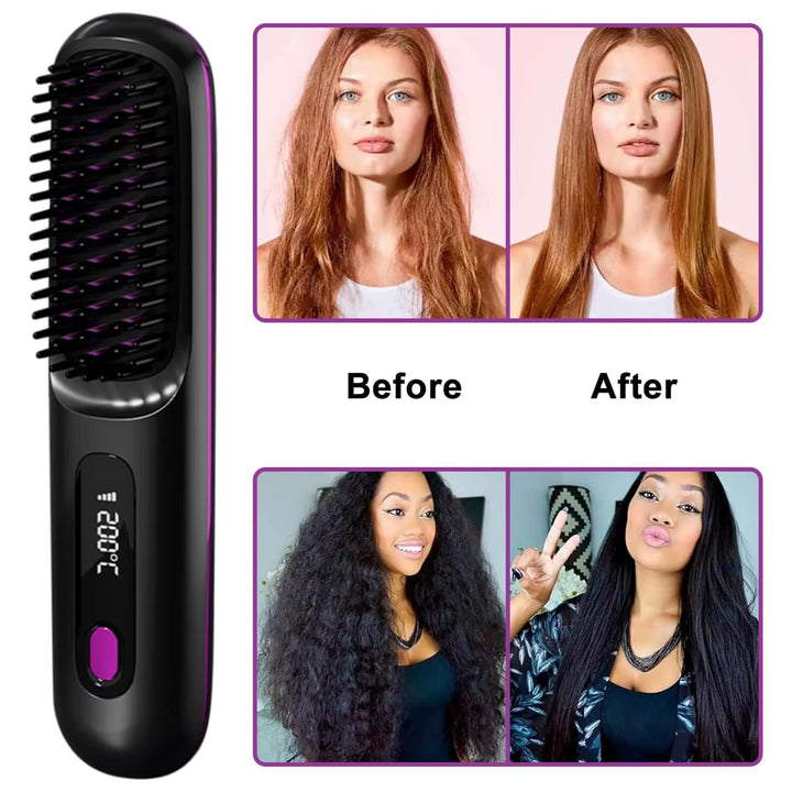 Cordless straightening brush close-up showing ceramic-coated bristles
