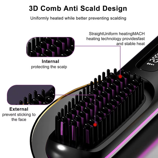 Cordless hair straightener brush in use smoothing hair