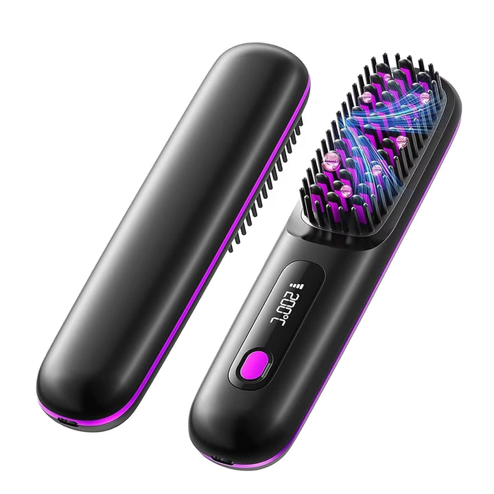Travel hair straightener brush packed in carry-on bag