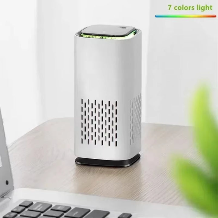 Mini air purifier with USB cable plugged into power bank