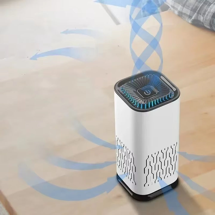 Mini portable air purifier in white, side view