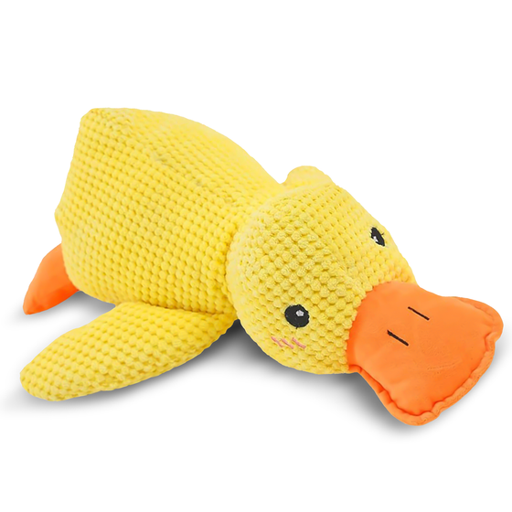 Yellow plush duck dog toy with orange beak, side view