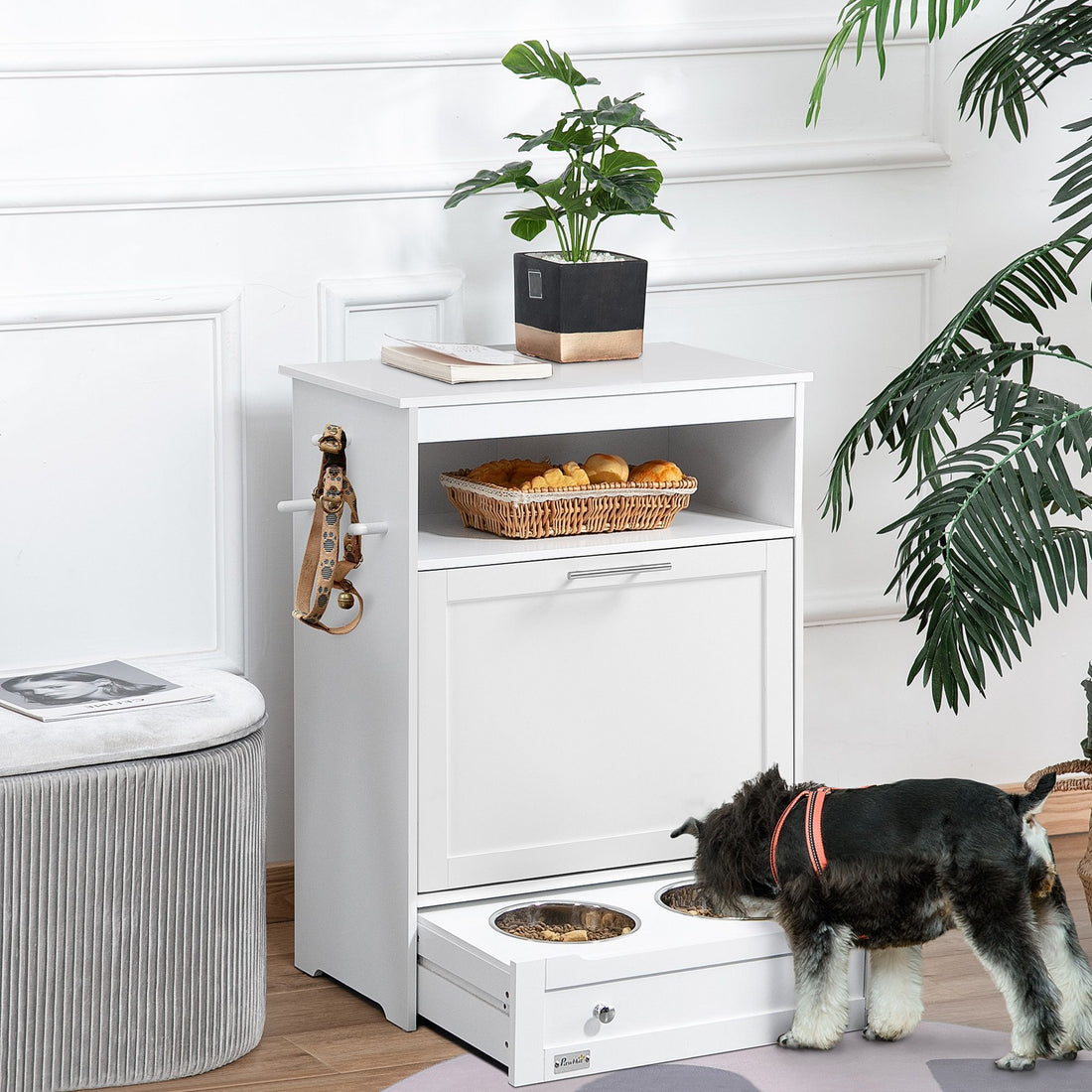 Elevated dog feeding station with storage cabinet, full view