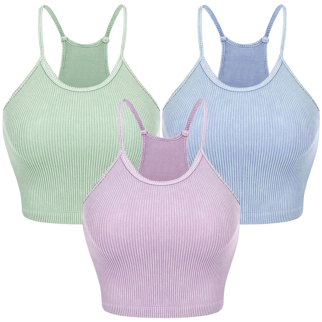 Ribbed knit crop tank in Purple, Blue, and Green coordinated pack