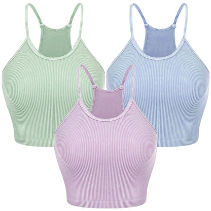 Ribbed knit crop tank in Purple, Blue, and Green coordinated pack