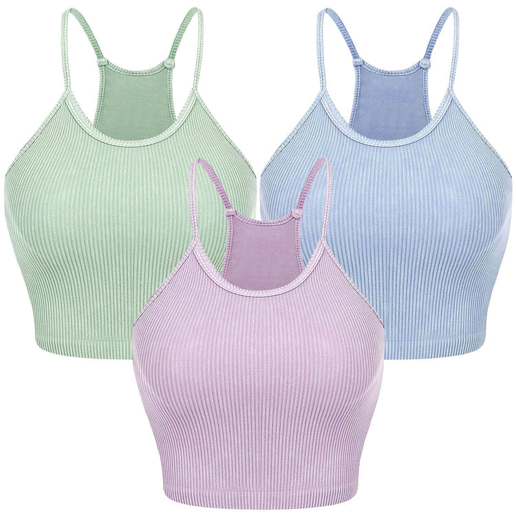 Ribbed knit crop tank in Purple, Blue, and Green coordinated pack