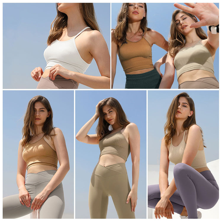 Ribbed crop tank close-up of round neckline and rib texture
