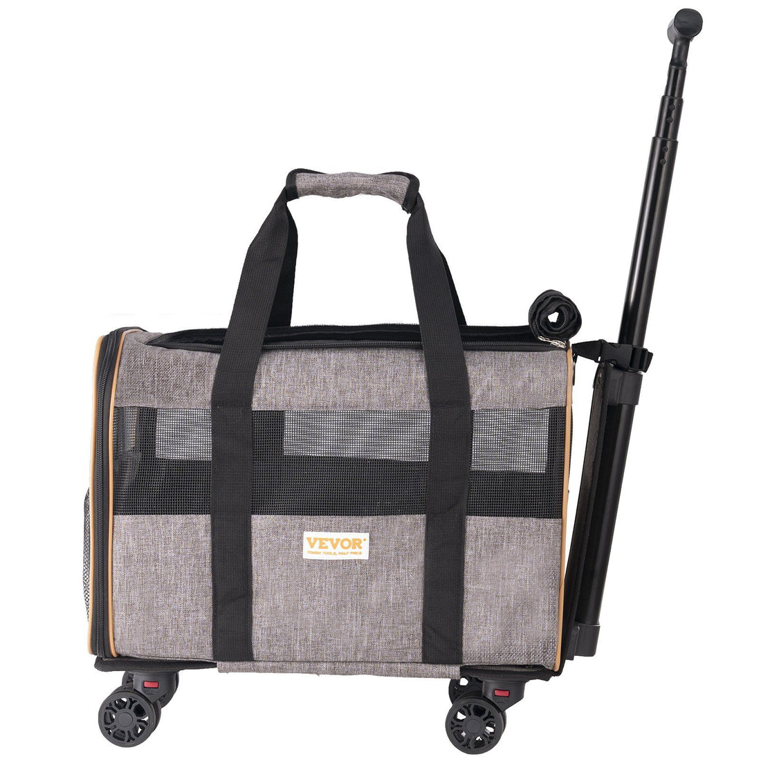 Grey tweed rolling pet carrier with mesh ventilation panels, telescoping handle, and four caster wheels