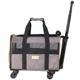 Grey tweed rolling pet carrier with mesh ventilation panels, telescoping handle, and four caster wheels