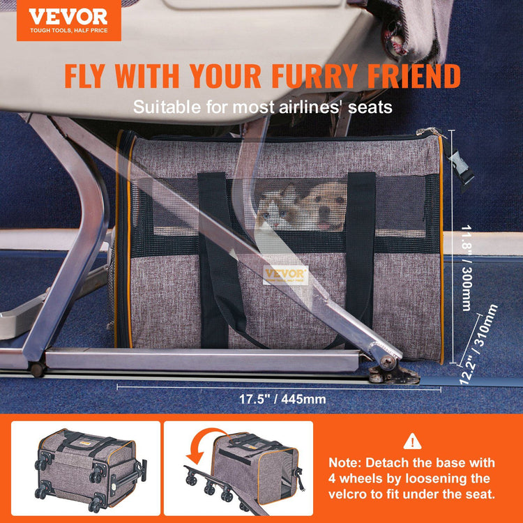Grey rolling cat carrier shown from the side with telescopic handle extended