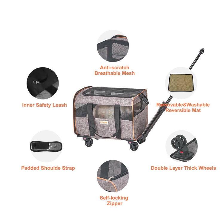 Rolling cat carrier with telescopic handle collapsed for storage