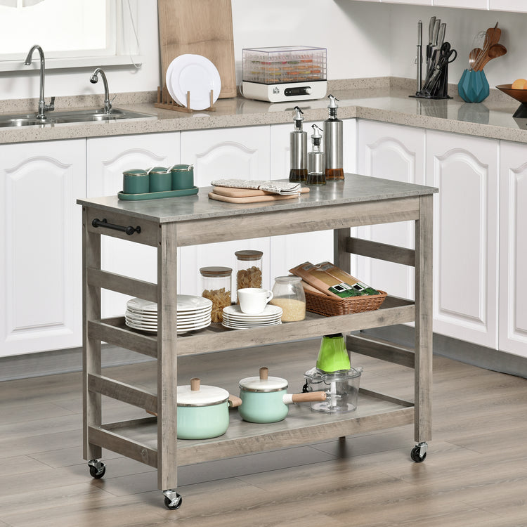 Rolling kitchen cart with stainless steel top and grey frame
