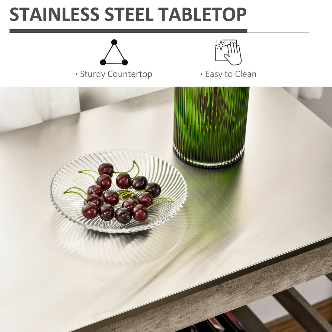 Stainless steel kitchen cart shown from the side