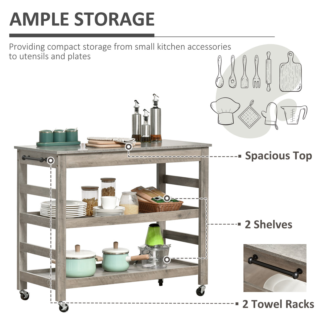 Stainless steel kitchen cart positioned next to stove
