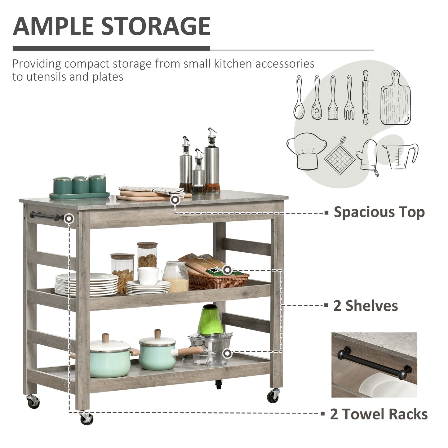 Stainless steel kitchen cart positioned next to stove