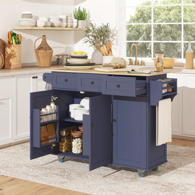 Dark blue rolling kitchen island cart with drop-leaf side
