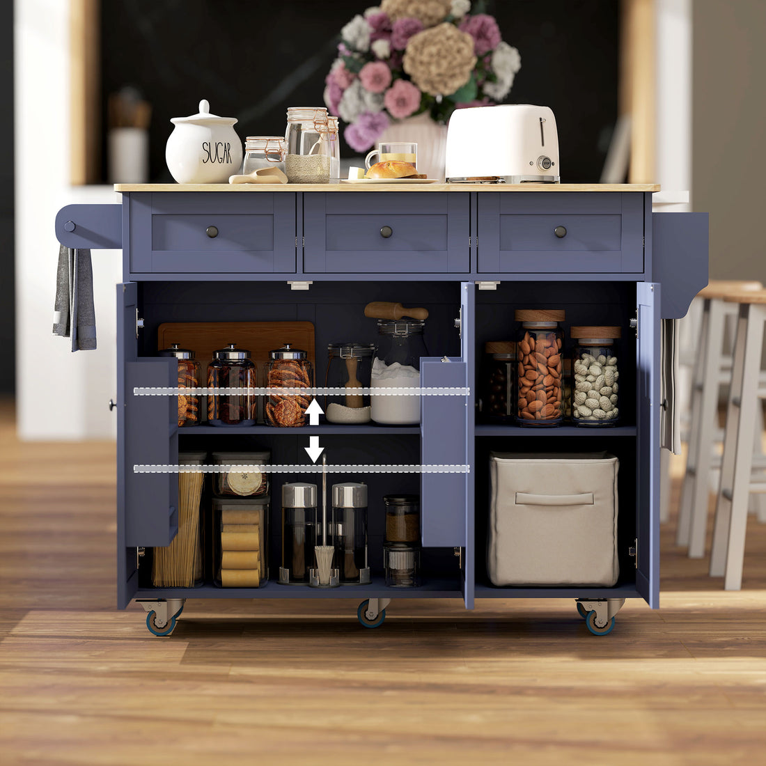 Kitchen island cart used as a prep station