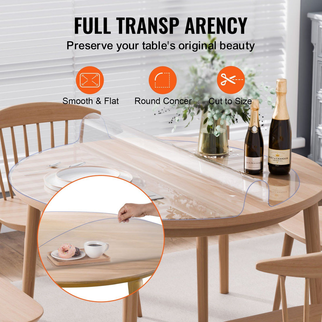 round clear PVC table protector covering a kitchen table