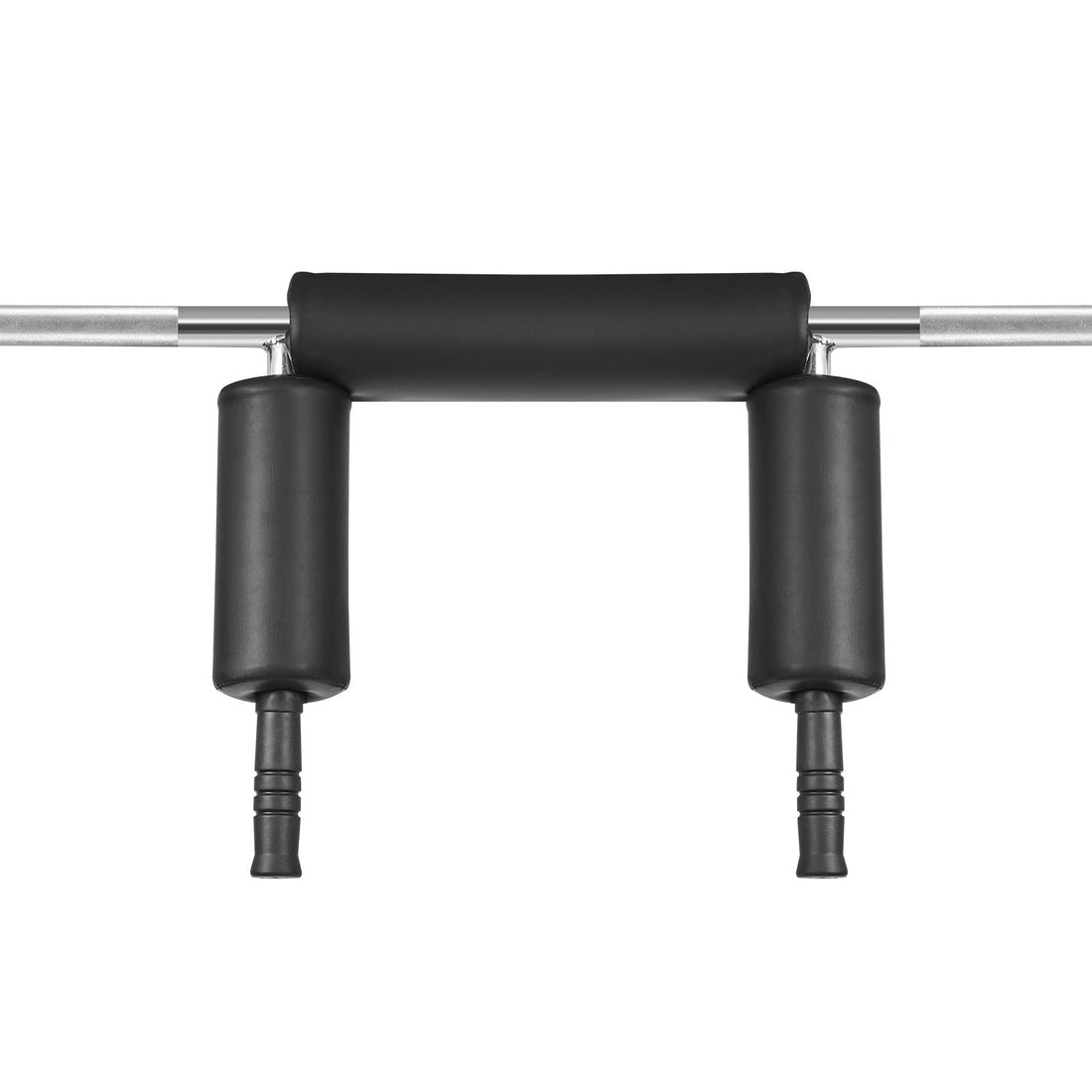 Safety squat bar racked on squat stands