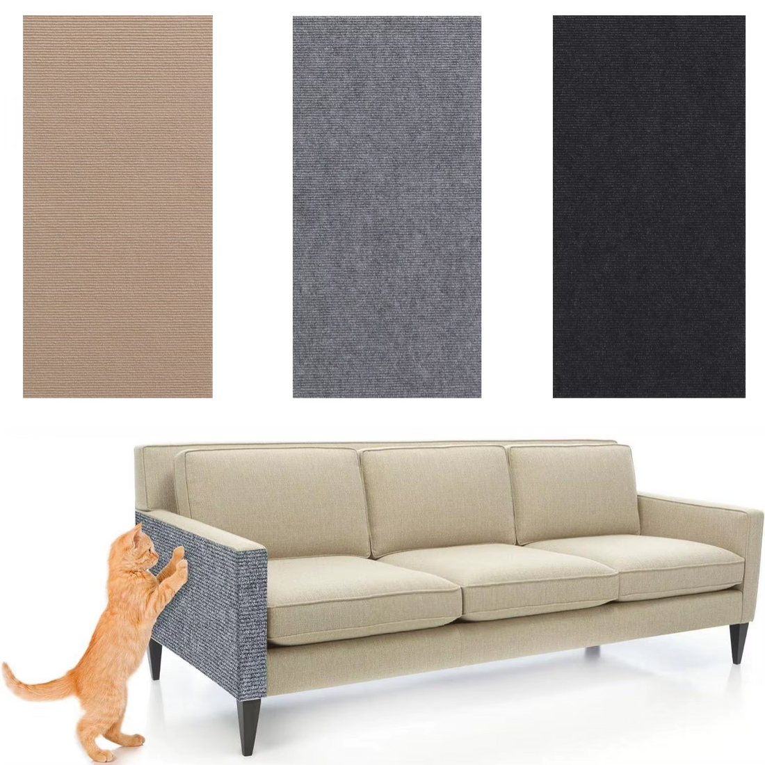 Beige cat scratch protector blending with neutral upholstery