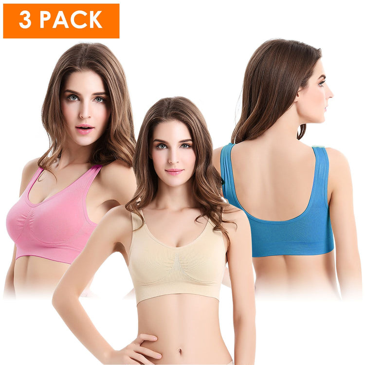 seamless sports bras 3-pack flat lay in nude, black, and white