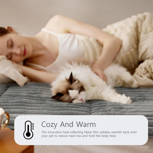 Cat resting on self warming mat next to window