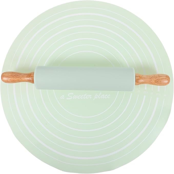 Silicone cookie rolling mat set laid flat with printed size guides for even dough thickness