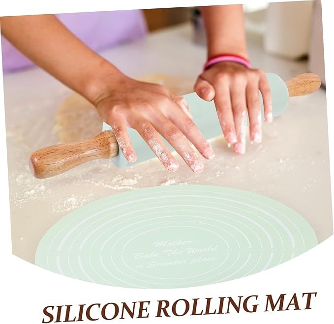 Silicone cookie rolling mat set with shaping tools, nonstick baking surface, in-use view