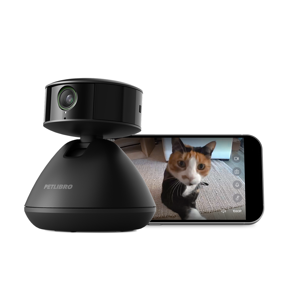 Smart pet camera monitor with two-way audio on a shelf