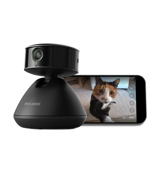 Smart pet camera monitor with two-way audio on a shelf