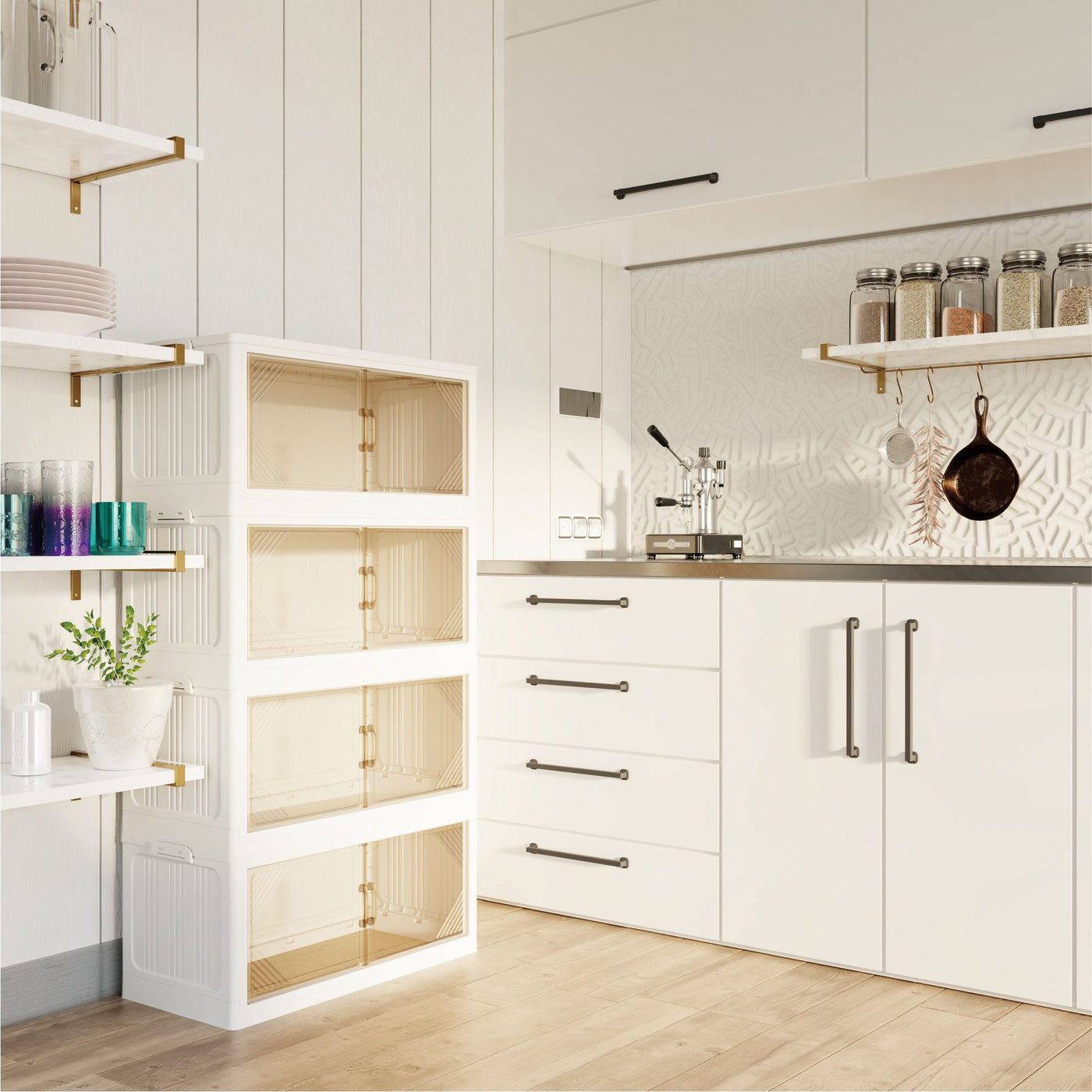 Transparent storage cabinet bin with front-opening door detail