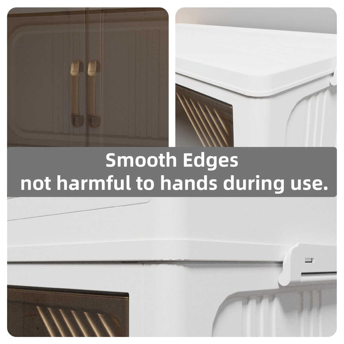 Stackable transparent storage cabinet bins shown empty for storage