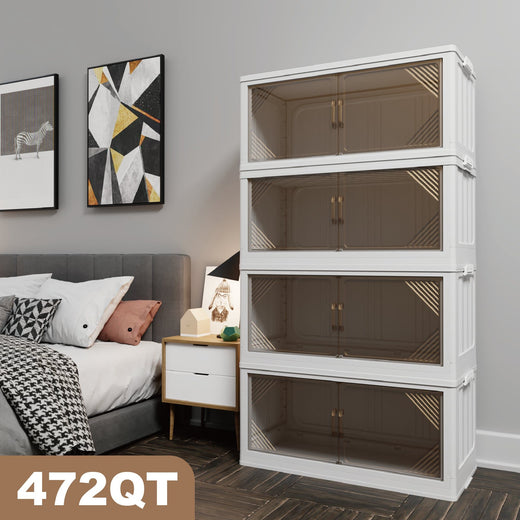 Stackable transparent storage bin holding clothing