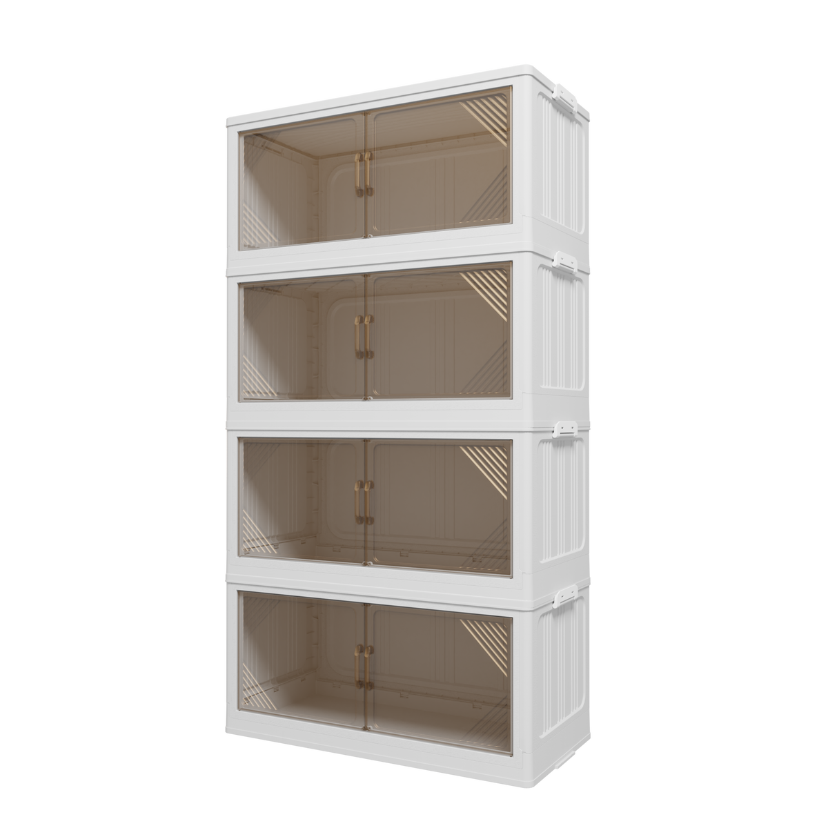 Stackable transparent storage bins assembled side view